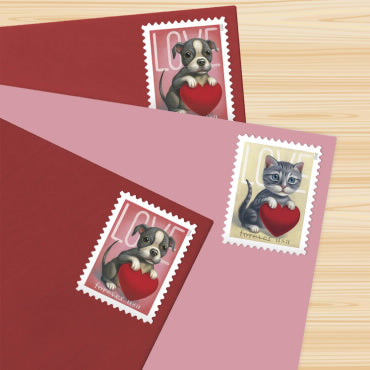 2023 Love Forever Stamps – Puppy and Kitten Holding Hearts Sheet