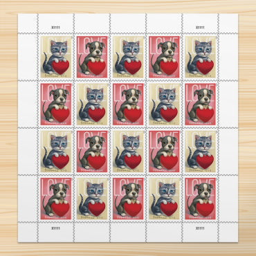 2023 Love Forever Stamps – Puppy and Kitten Holding Hearts Sheet